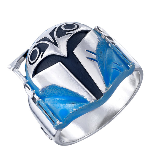 Bo-Katan Mandalorian helmet ring with blue enamel and antiqued silver detail