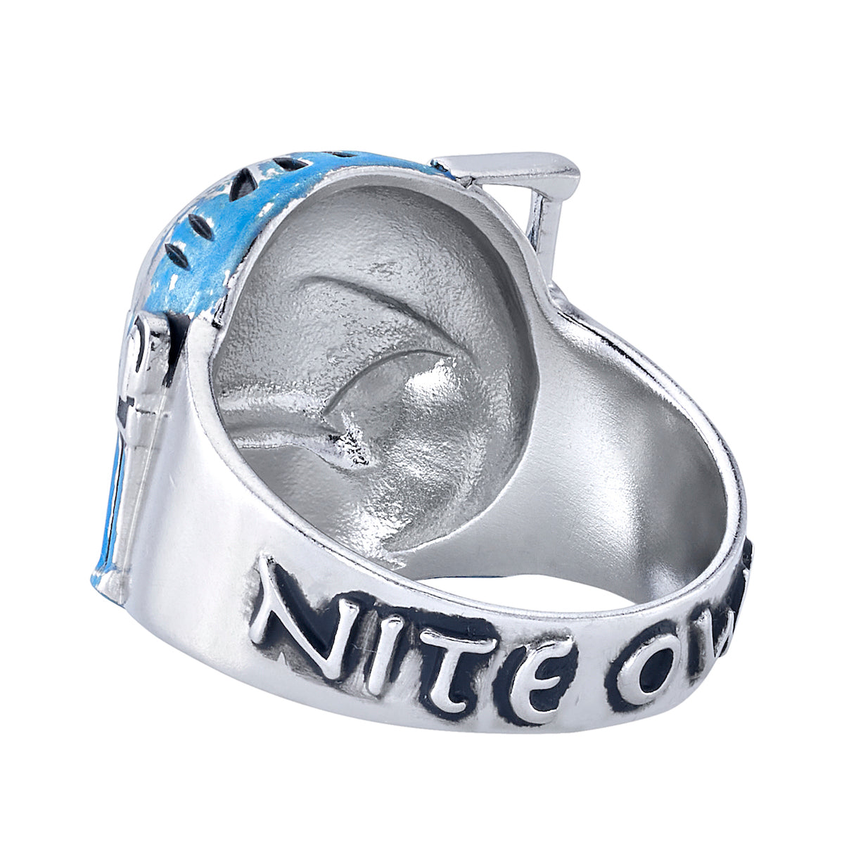 Close up of Nite Owls raised text on Star Wars RockLove ring band