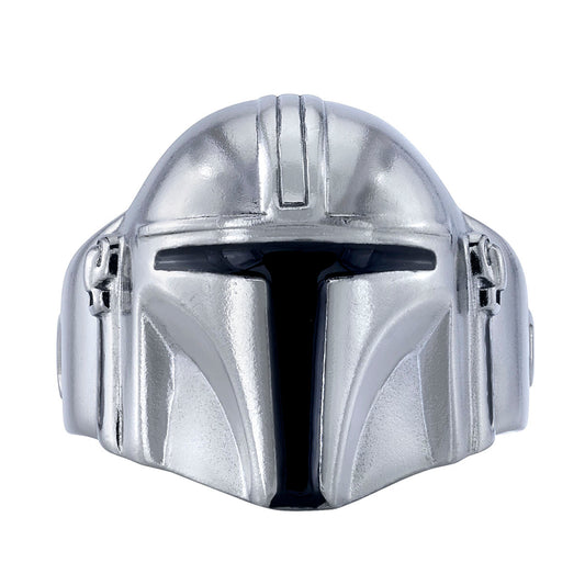 Front view of Star Wars x RockLove Mandalorian Helmet Ring in gunmetal finish.