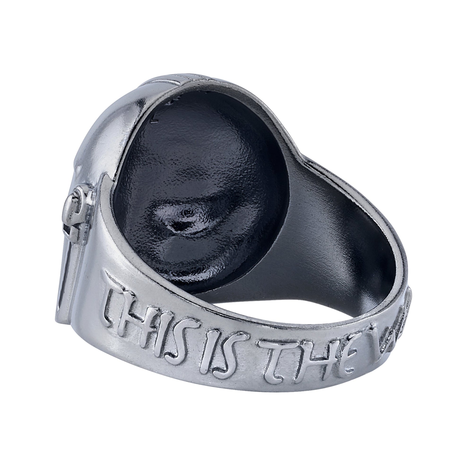 Top-down view of the 3D sculpted Din Djarin helmet on the ring.