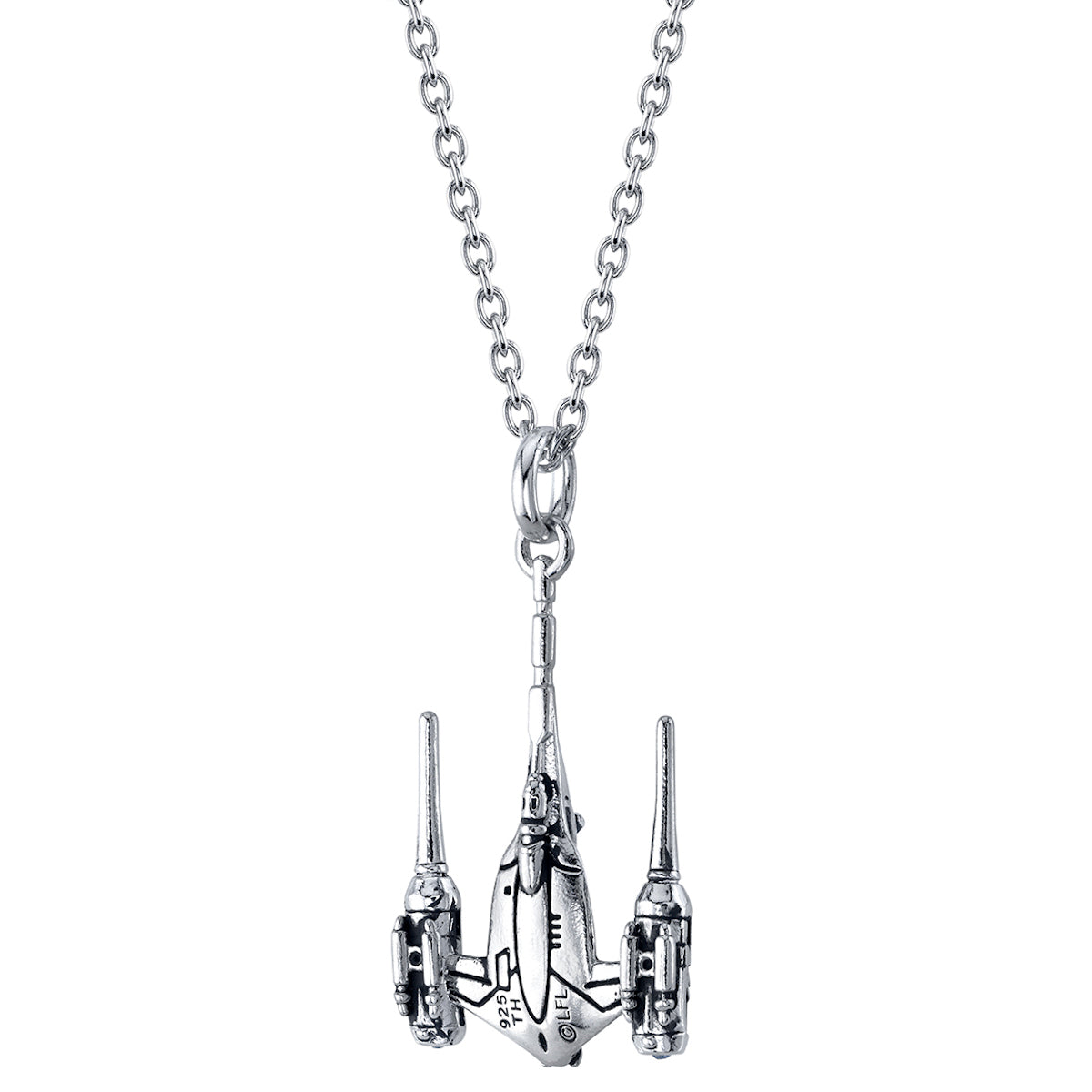 Profile view of the three-dimensional N-1 Starfighter silver jewelry.