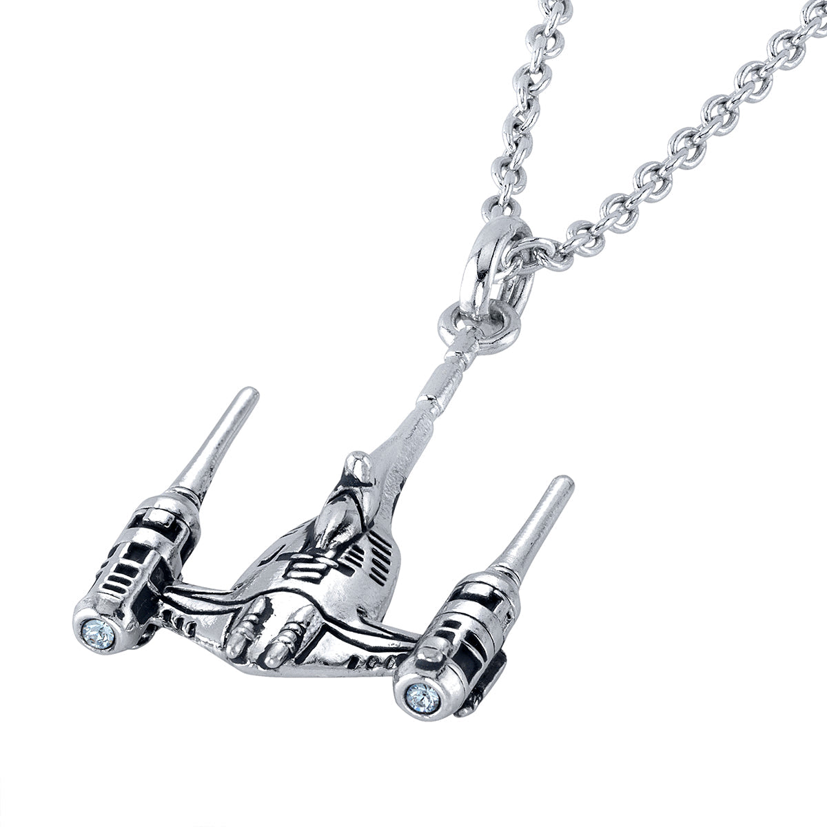Close-up of the N-1 Starfighter pendant showing light blue cubic zirconia crystals in the engine thrusters.