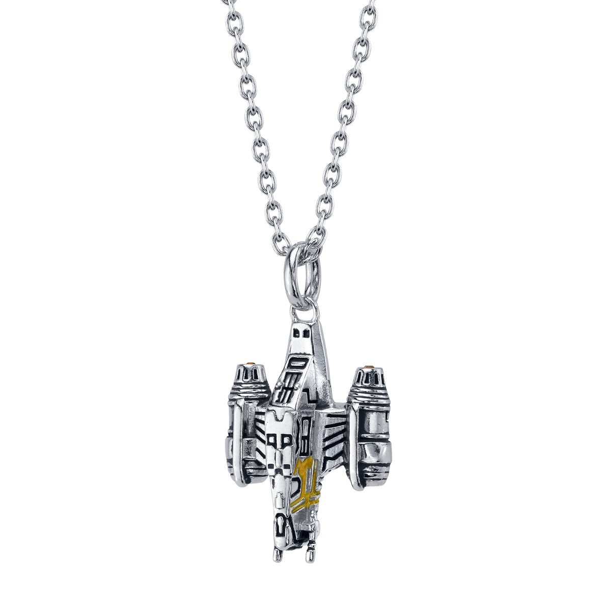 Detailed view of hand-painted yellow enamel on Star Wars ship jewelry