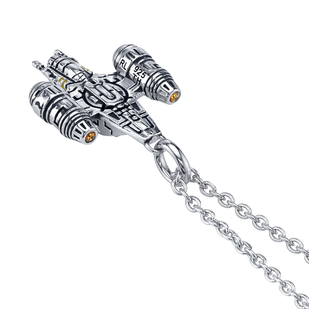 Close-up of 3D sculpted Razor Crest pendant with amber crystals
