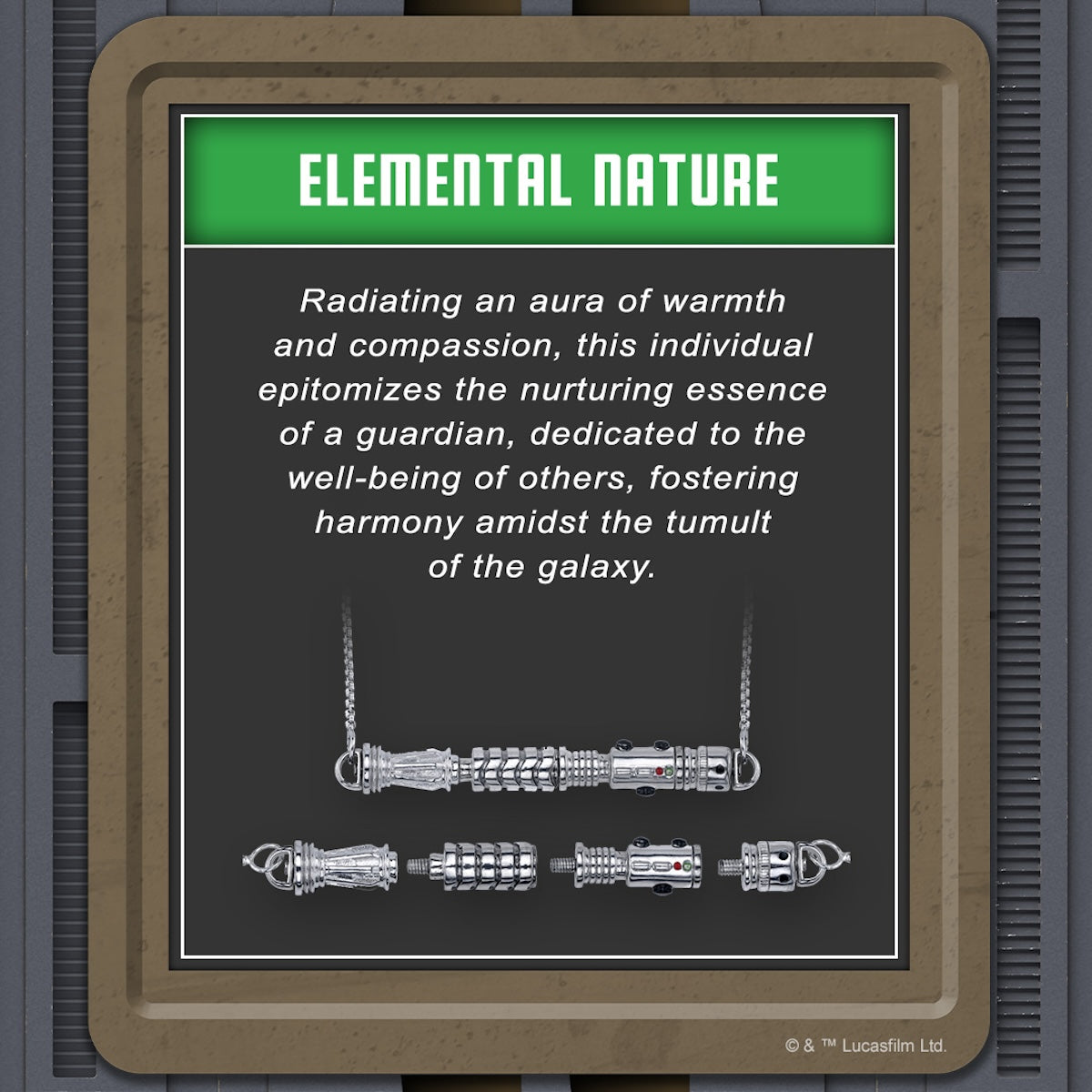 The fully assembled silver-toned Elemental Nature lightsaber pendant hanging from a box chain.