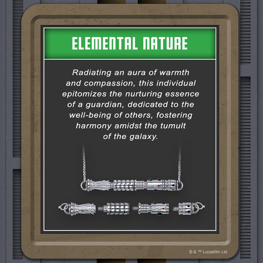 The fully assembled silver-toned Elemental Nature lightsaber pendant hanging from a box chain.