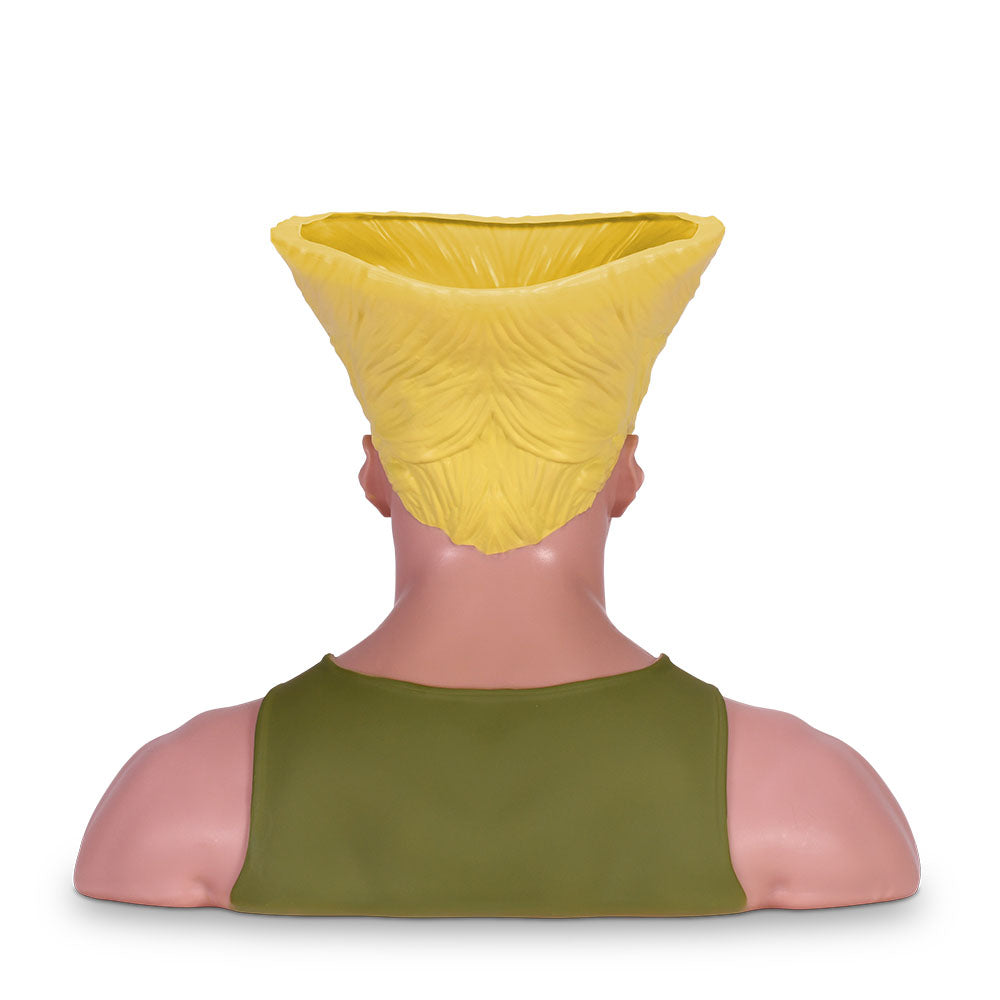 Close-up shot of the detailed sculpting and branding on the front of the Guile popcorn bucket