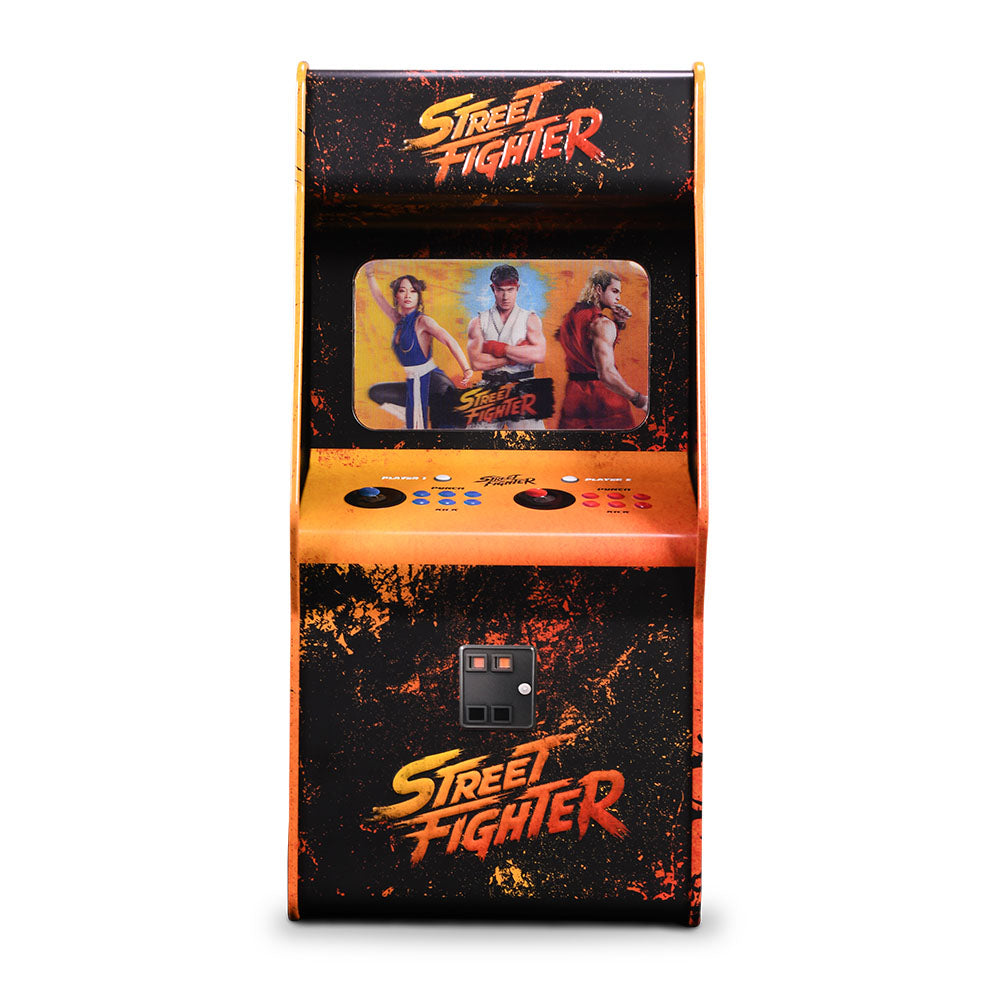 Side profile of the Street Fighter tin popcorn bucket showing arcade cabinet artwork