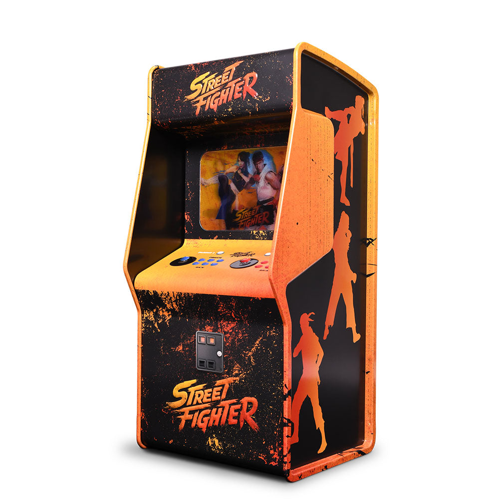 Front view of the Street Fighter arcade machine popcorn bucket shaped like a classic cabinet