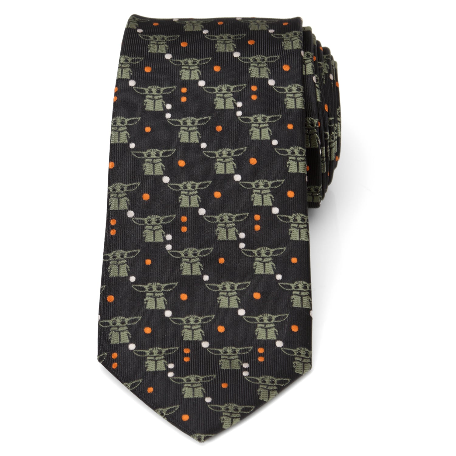 The Mandalorian Grogu necktie displayed with a professional knot