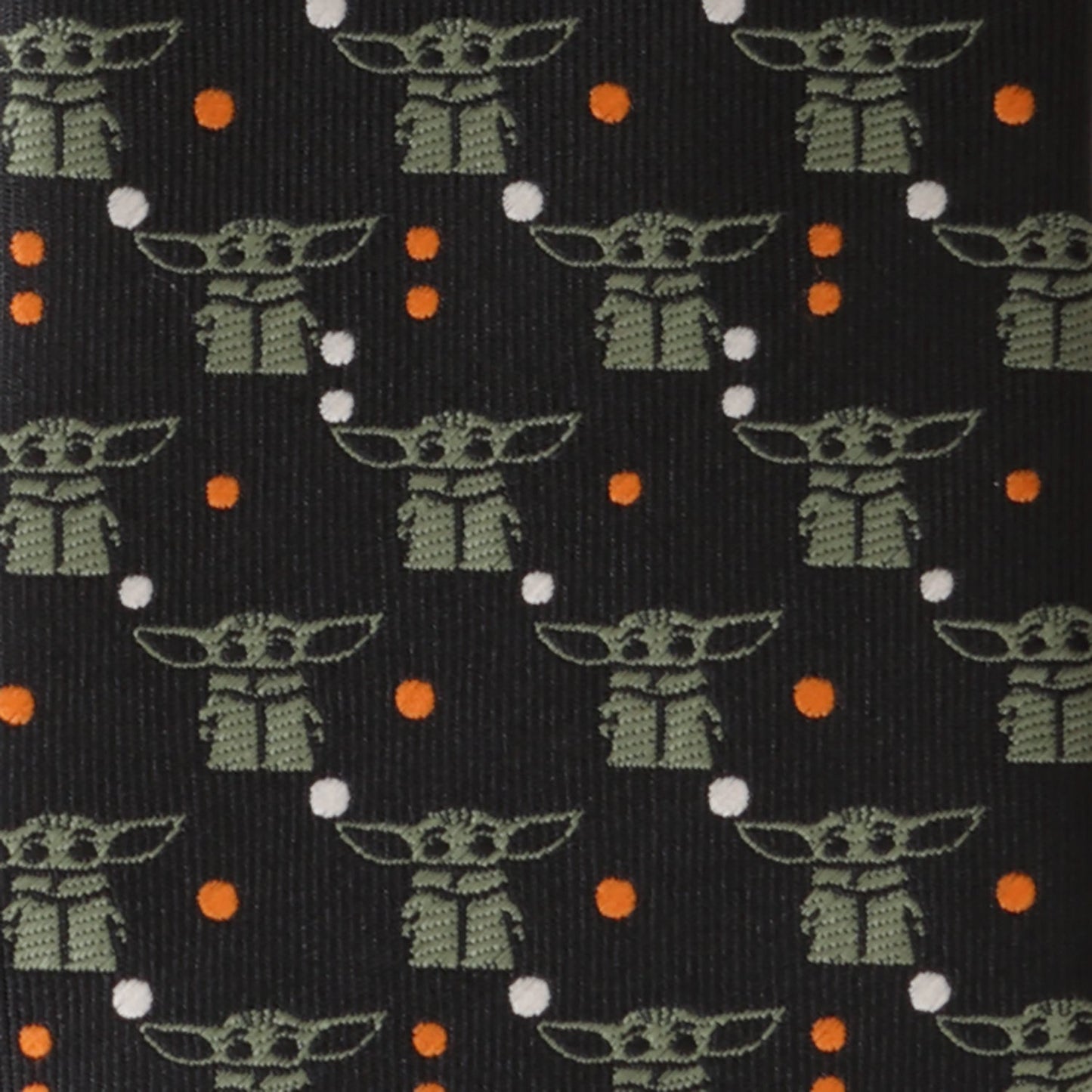 Full length view of the black and orange dotted Star Wars Grogu tie