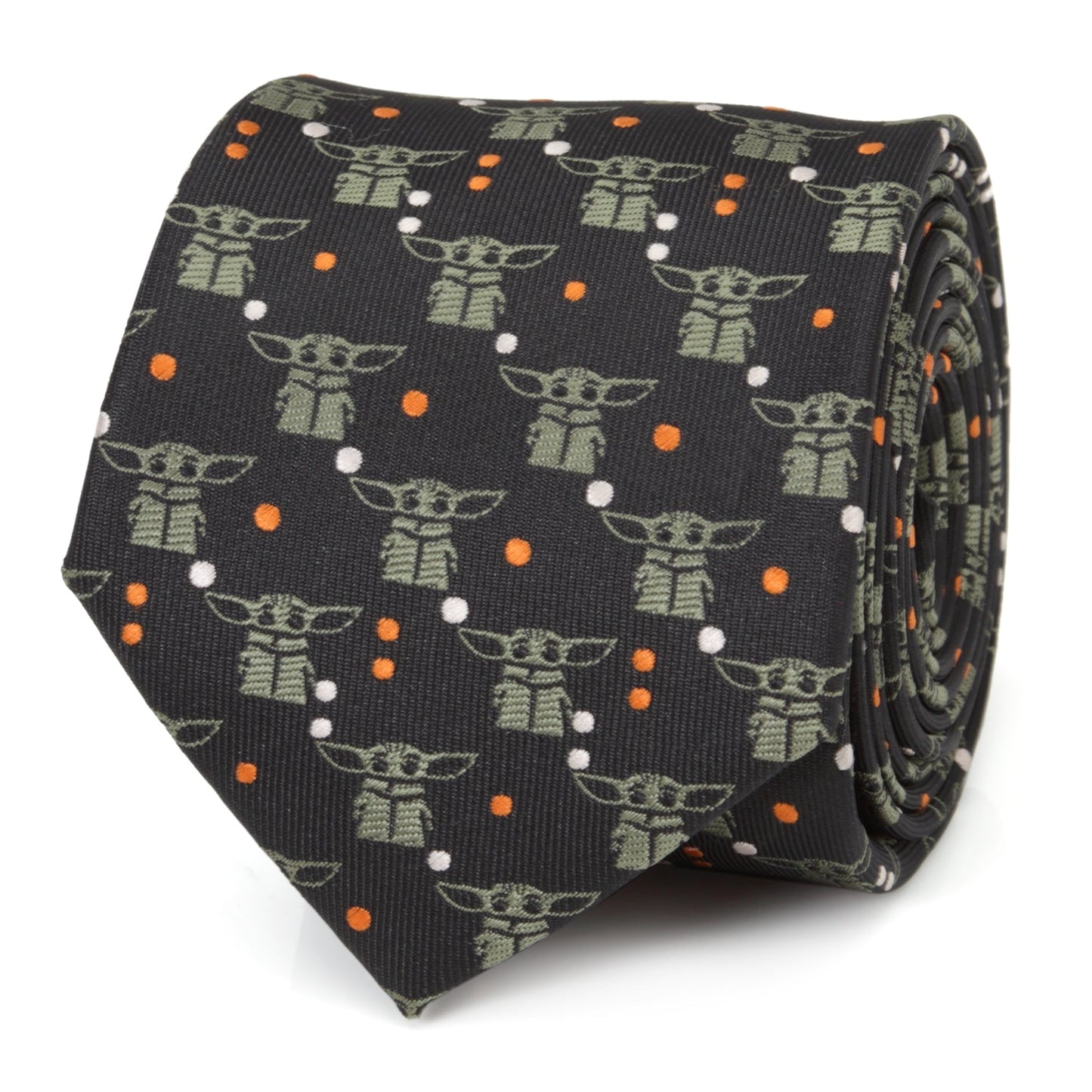 Star Wars Grogu Black and Orange Dotted Necktie front view showing sage green motifs