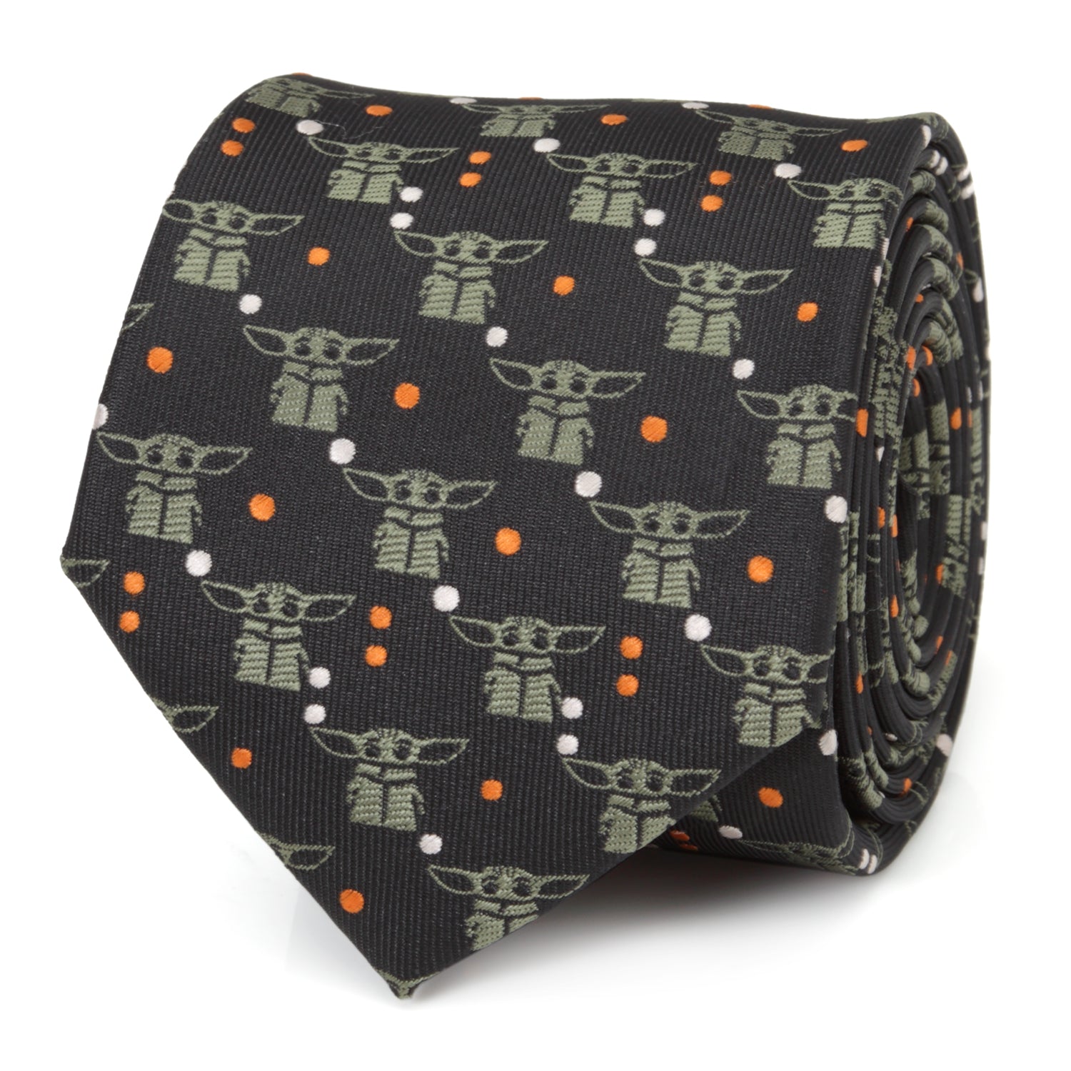 Star Wars Grogu Black and Orange Dotted Necktie front view showing sage green motifs