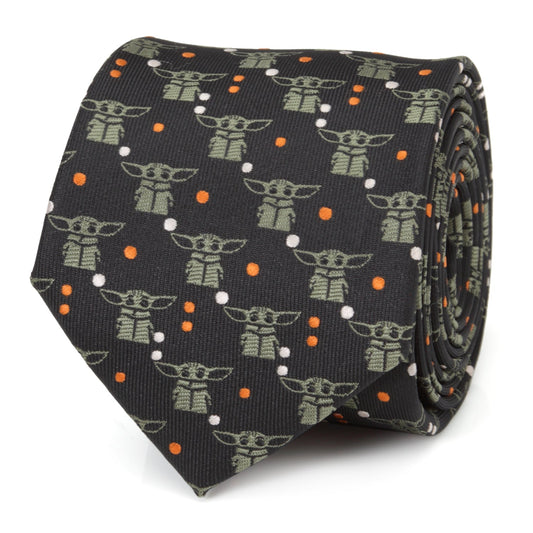 Star Wars Grogu Black and Orange Dotted Necktie front view showing sage green motifs