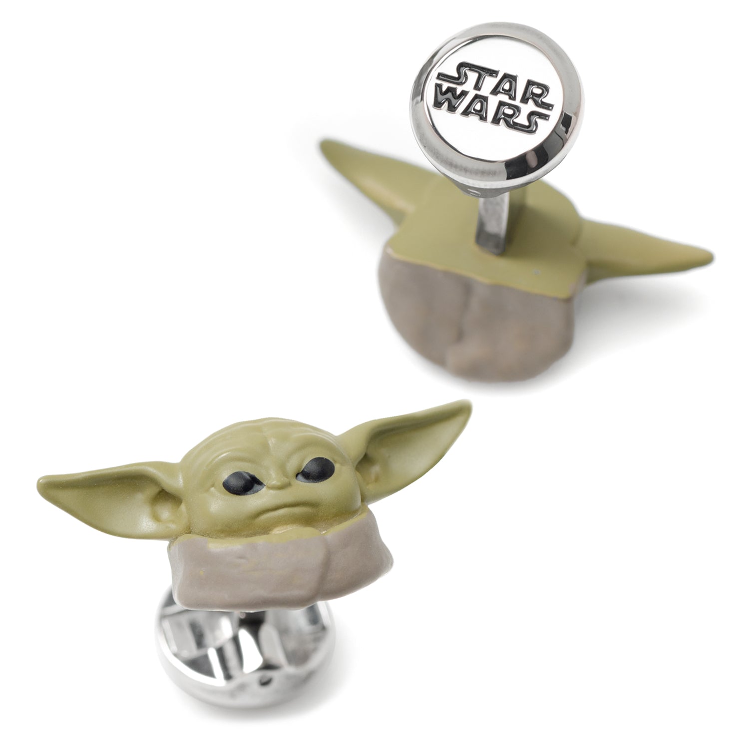 Side view of the 3D Grogu cufflinks highlighting the plated metal texture.