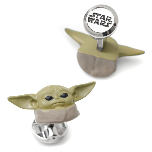 Side view of the 3D Grogu cufflinks highlighting the plated metal texture.