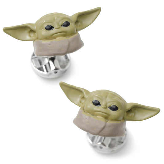 Close up of Star Wars Grogu 3D Cufflinks showing the detailed face of The Child.