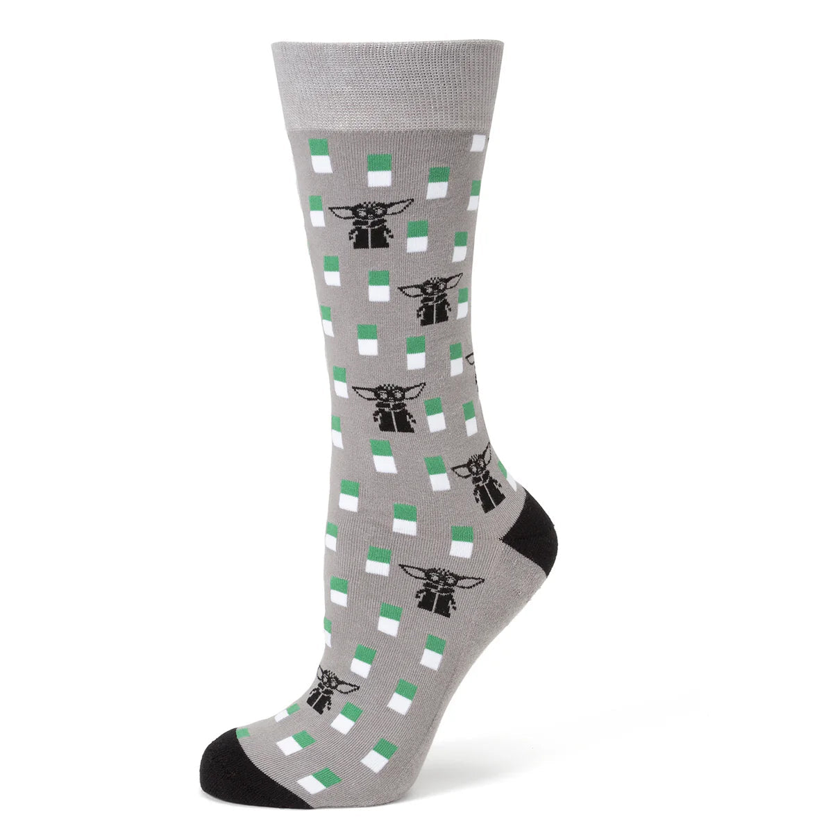 Close-up of the Grogu character pattern on grey crew socks