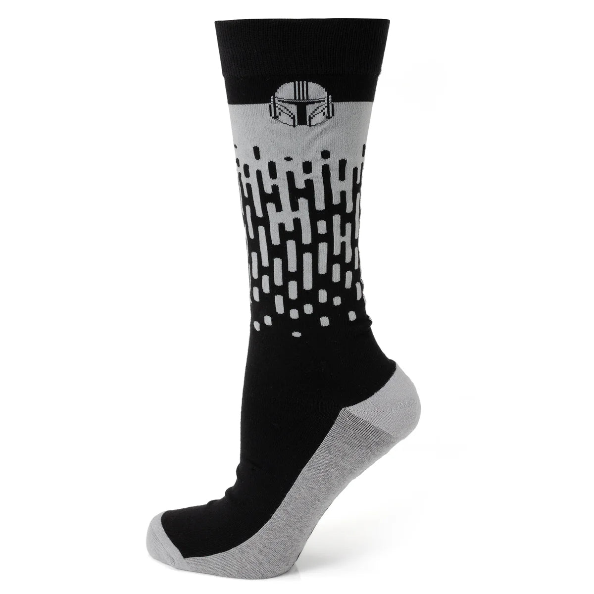 Close-up of gray dress socks with colorful Mandalorian helmet pattern