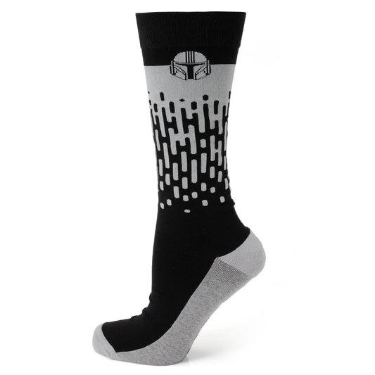 Close-up of gray dress socks with colorful Mandalorian helmet pattern