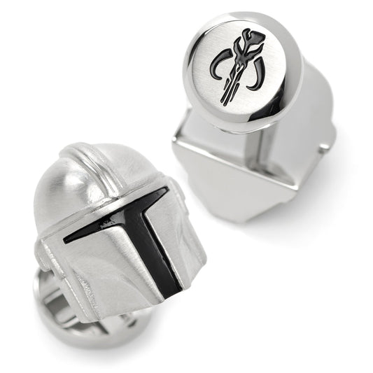 The Mandalorian 3D helmet cufflinks showing the black detailing and depth.