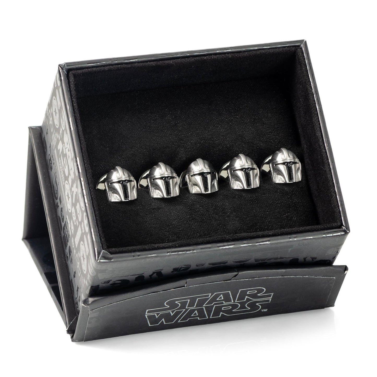 Mandalorian studs displayed on a dress shirt cuff
