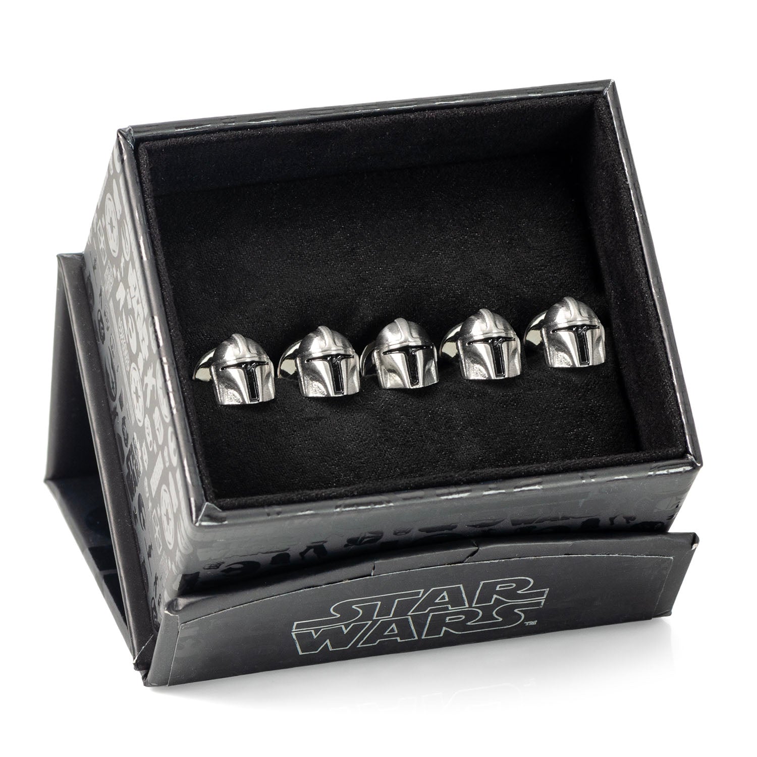 Mandalorian studs displayed on a dress shirt cuff