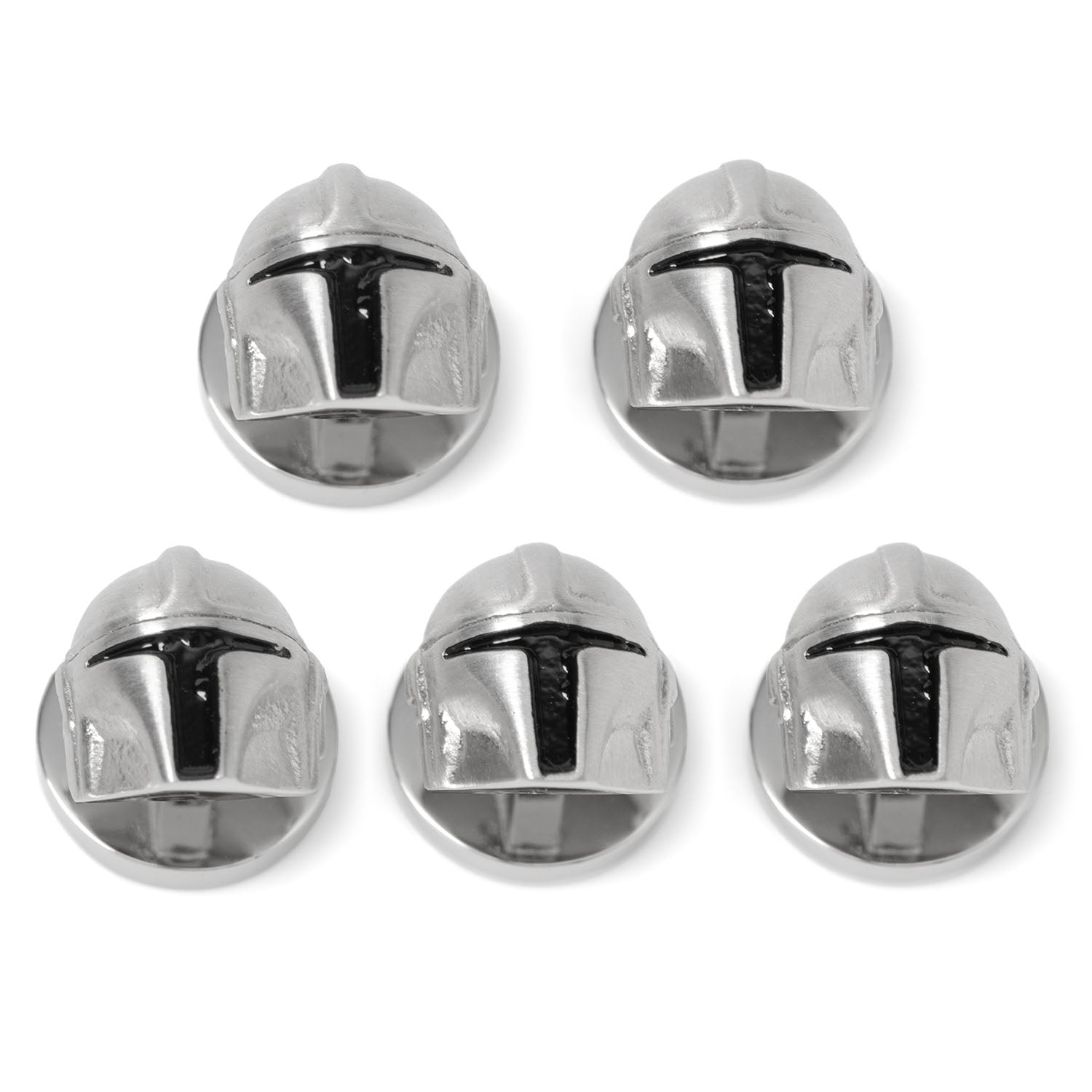 3D Mandalorian helmet stud with shiny silver finish