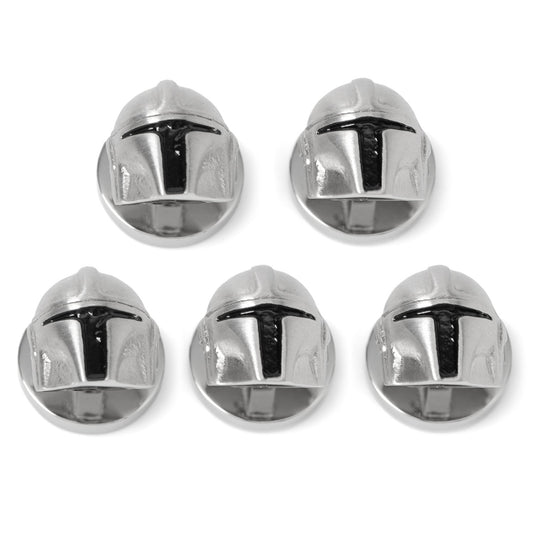 3D Mandalorian helmet stud with shiny silver finish