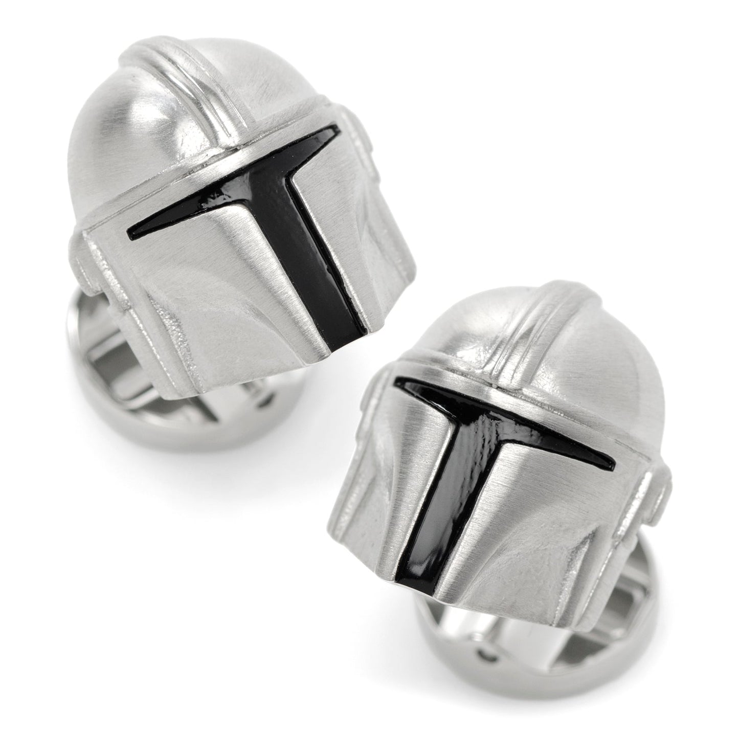 Close-up of Star Wars Mandalorian 3D Helmet Cufflinks in shiny silver stainless steel.