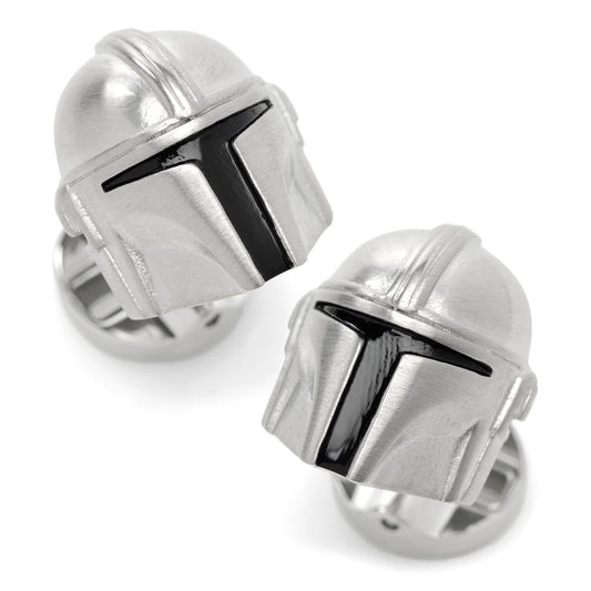 Close-up of Star Wars Mandalorian 3D Helmet Cufflinks in shiny silver stainless steel.
