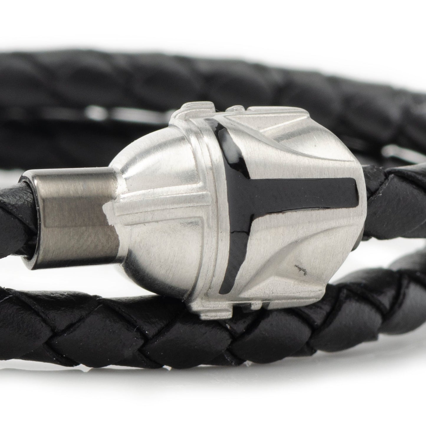 Detail of the black braided leather wrap design and stainless steel clasp