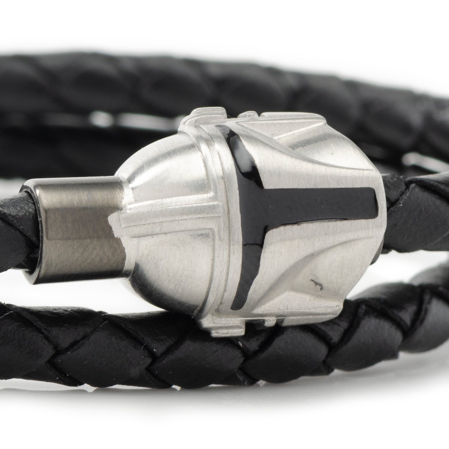 Detail of the black braided leather wrap design and stainless steel clasp