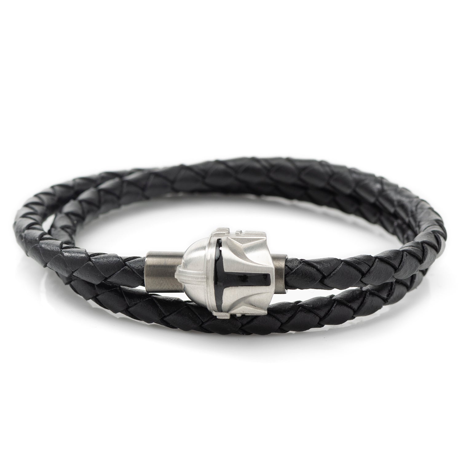 Close up of the 3D Mandalorian helmet magnetic closure on a black braided leather bracelet