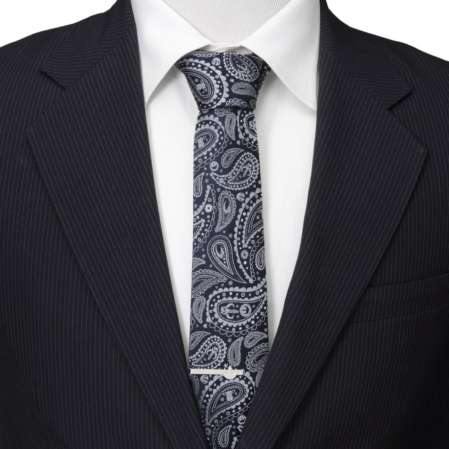Close-up of hidden Grogu and helmet symbols in blue paisley tie pattern