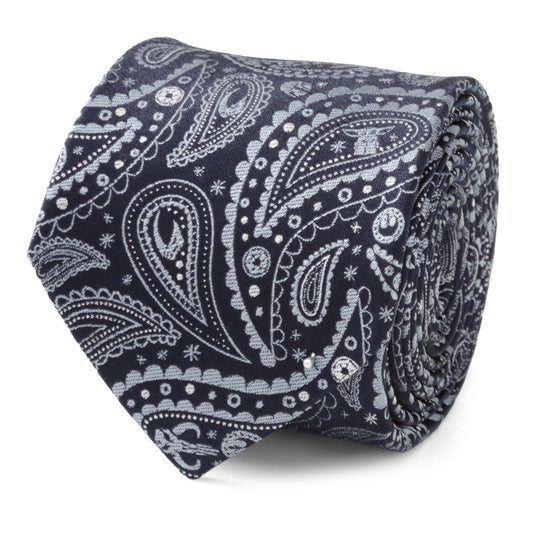 Star Wars Mandalorian Blue Paisley Silk Tie showing full length