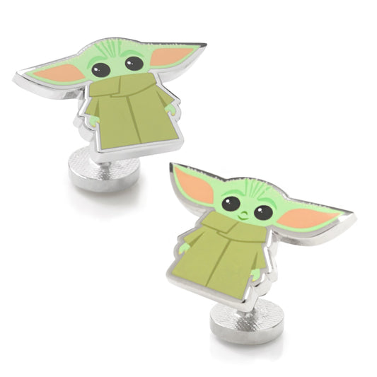 Close-up of Grogu character design on plated base metal cufflinks