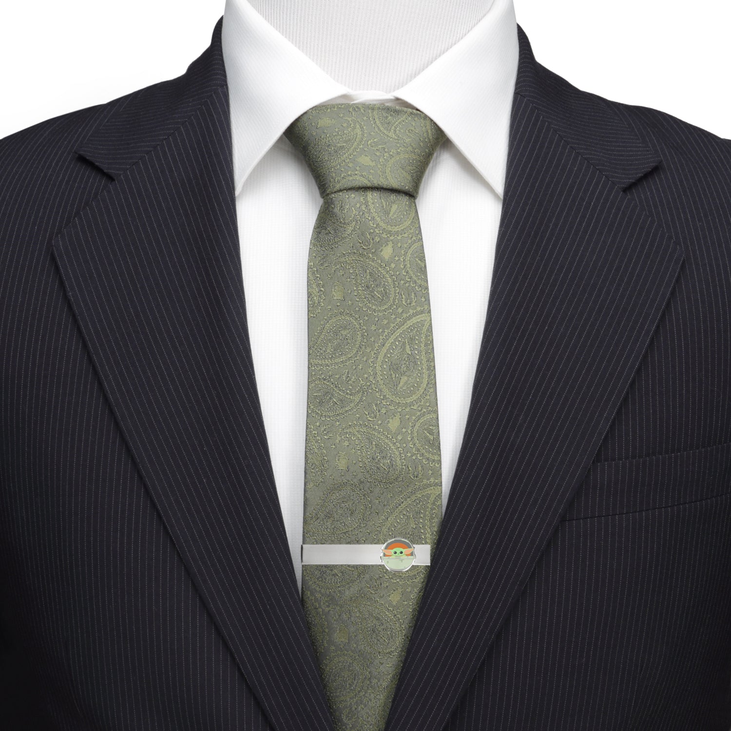 Close up of the Grogu in bassinet design on a silver-tone tie bar.