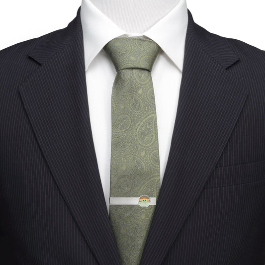 Close up of the Grogu in bassinet design on a silver-tone tie bar.