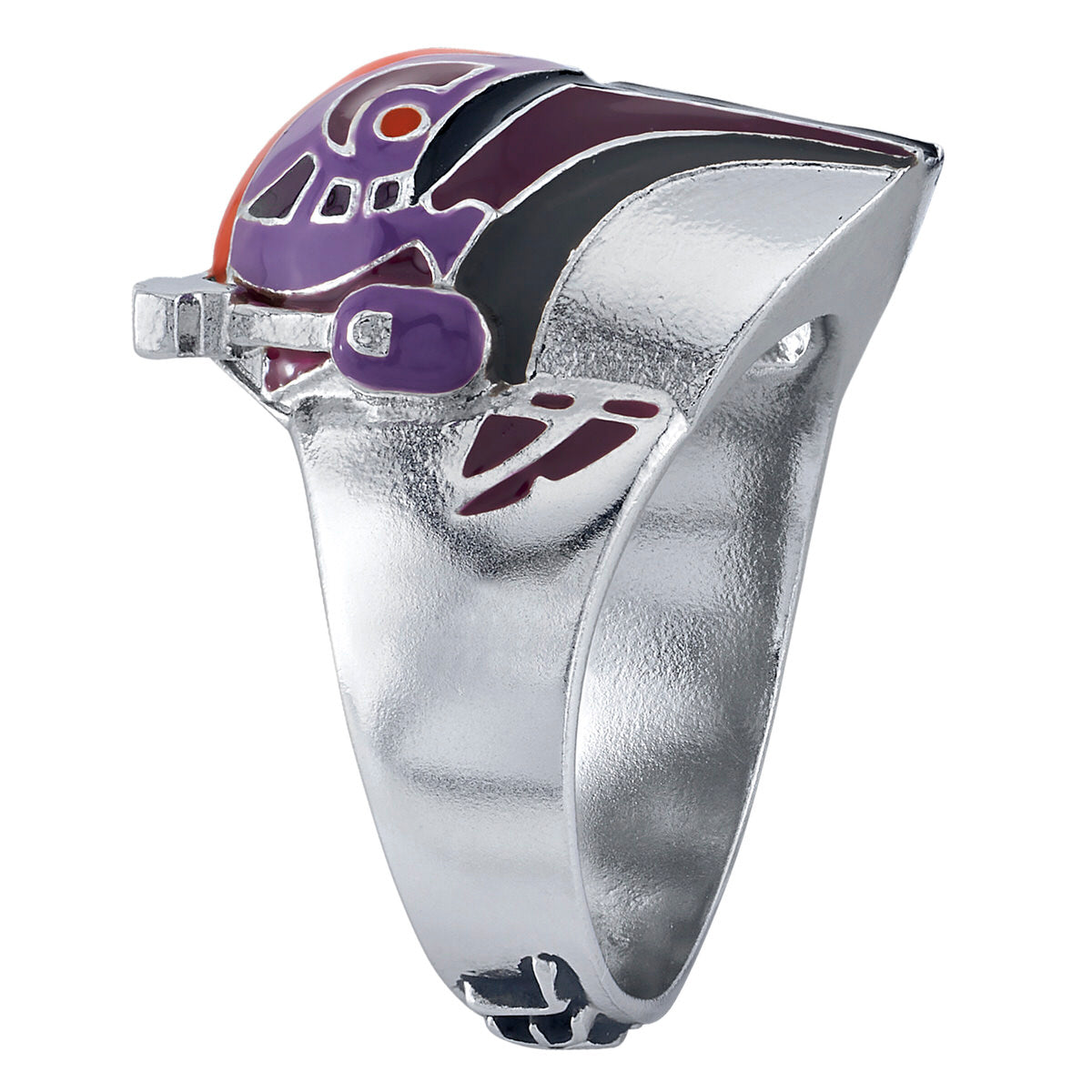 Detail shot of the orange, purple, and burgundy enamel on the Sabine Wren helmet.