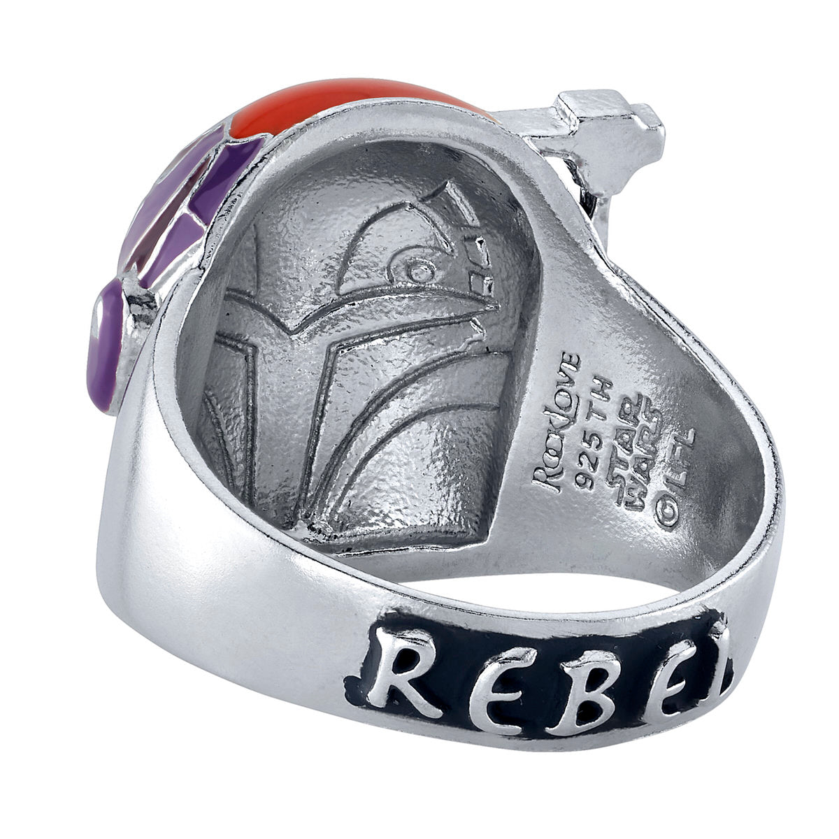 The Star Wars x RockLove Sabine Wren ring displayed in its collector box.