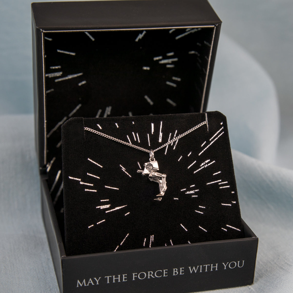 Full view of the Star Wars AT-ST necklace with 24 inch adjustable chain