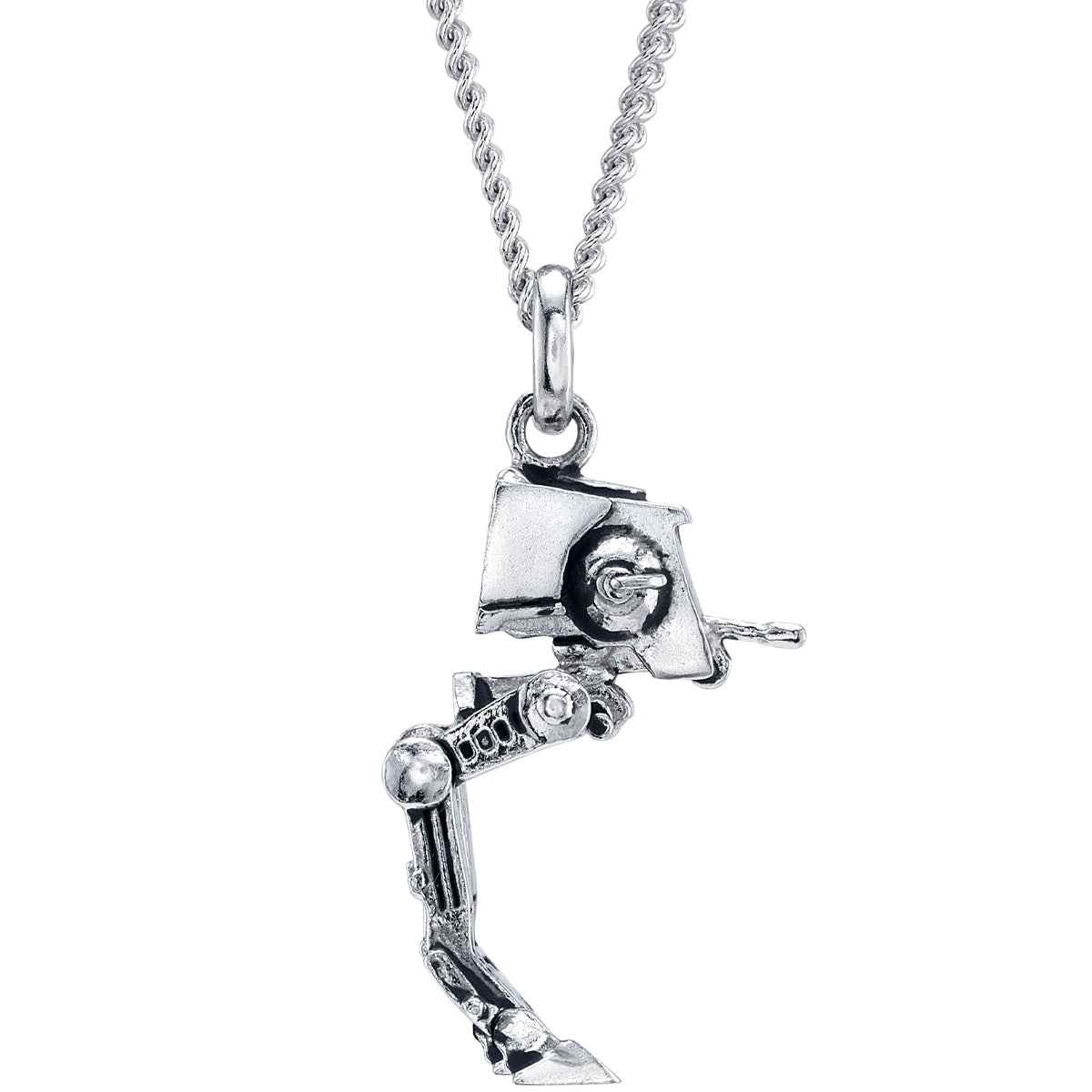 Detailed 3D sculpted sterling silver AT-ST walker pendant on curb chain