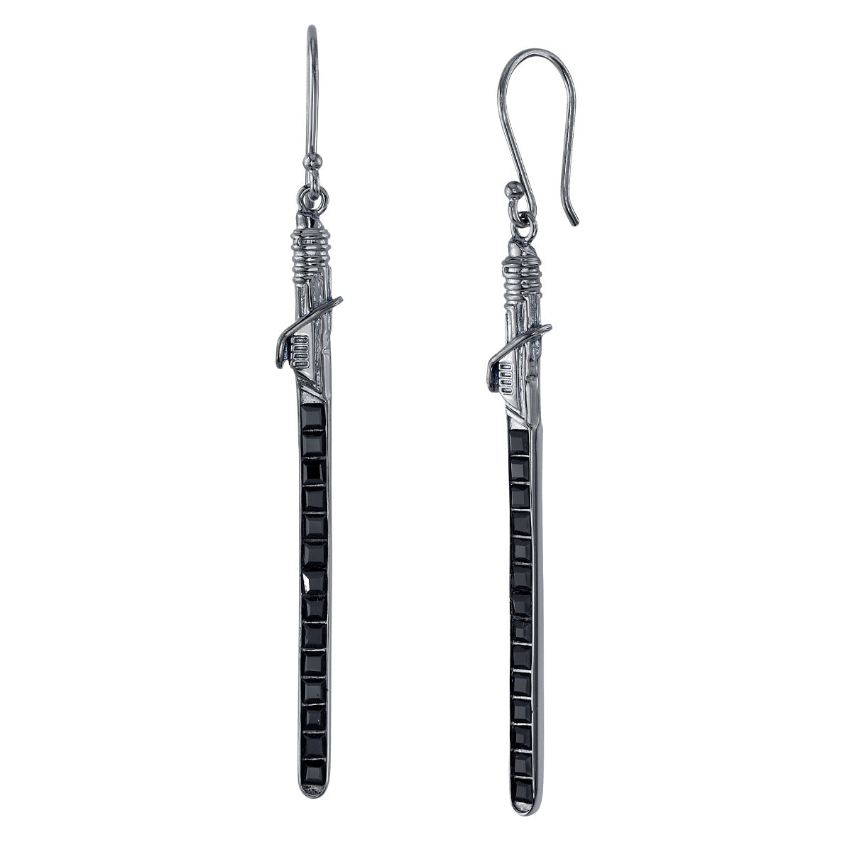 Star Wars RockLove Darksaber Crystal Lightsaber Earrings in black rhodium finish.