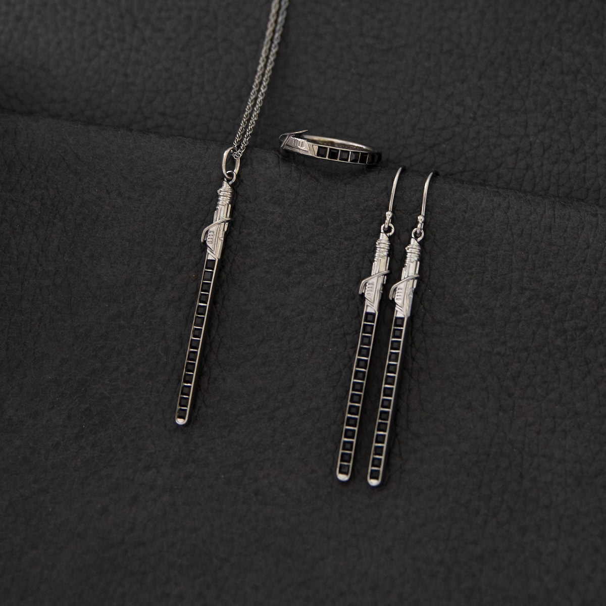 Star Wars x RockLove Darksaber necklace being worn on an 18 to 20 inch adjustable chain.