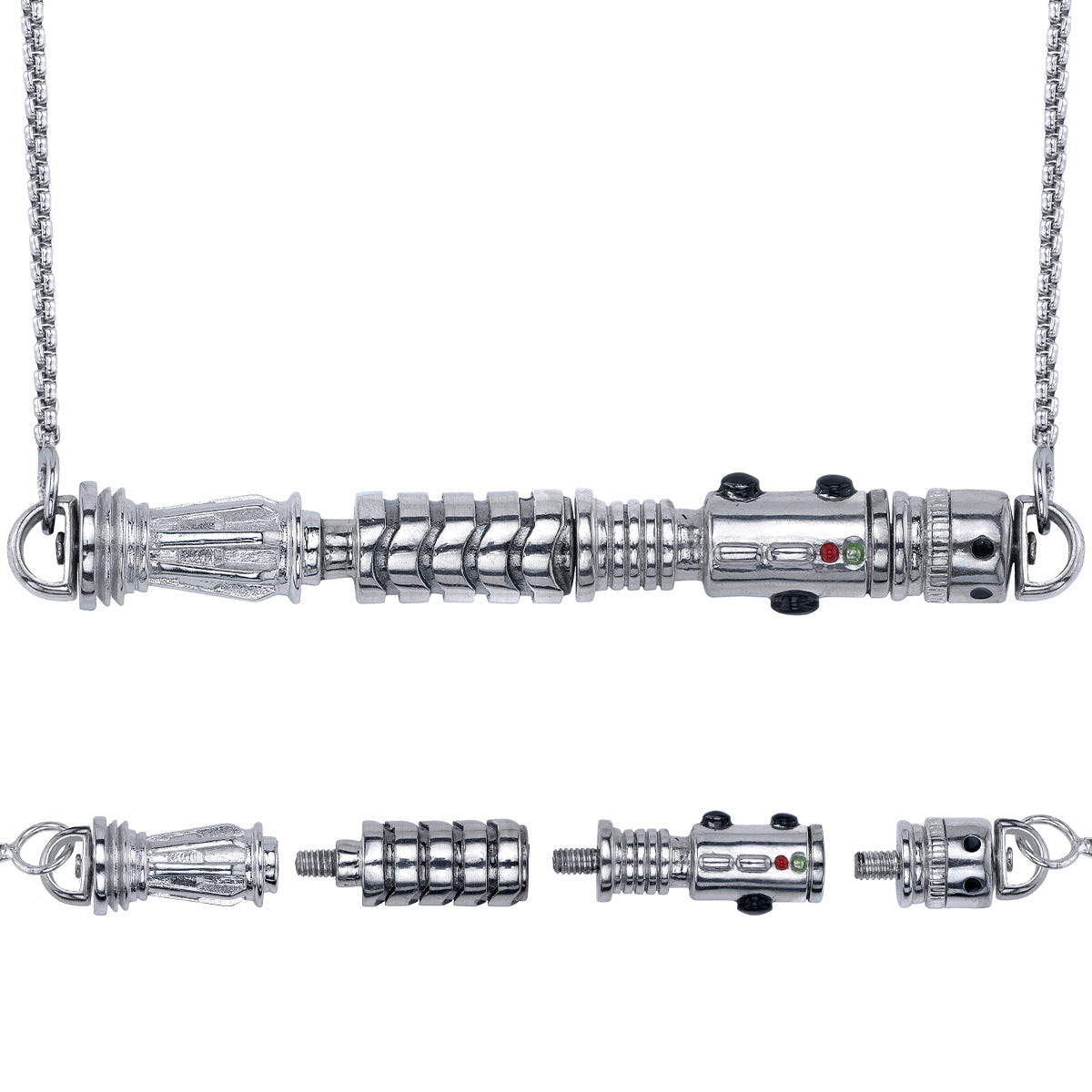A close-up of the Star Wars Elemental Nature Lightsaber Necklace hilt components before assembly.