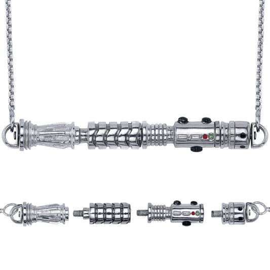 A close-up of the Star Wars Elemental Nature Lightsaber Necklace hilt components before assembly.