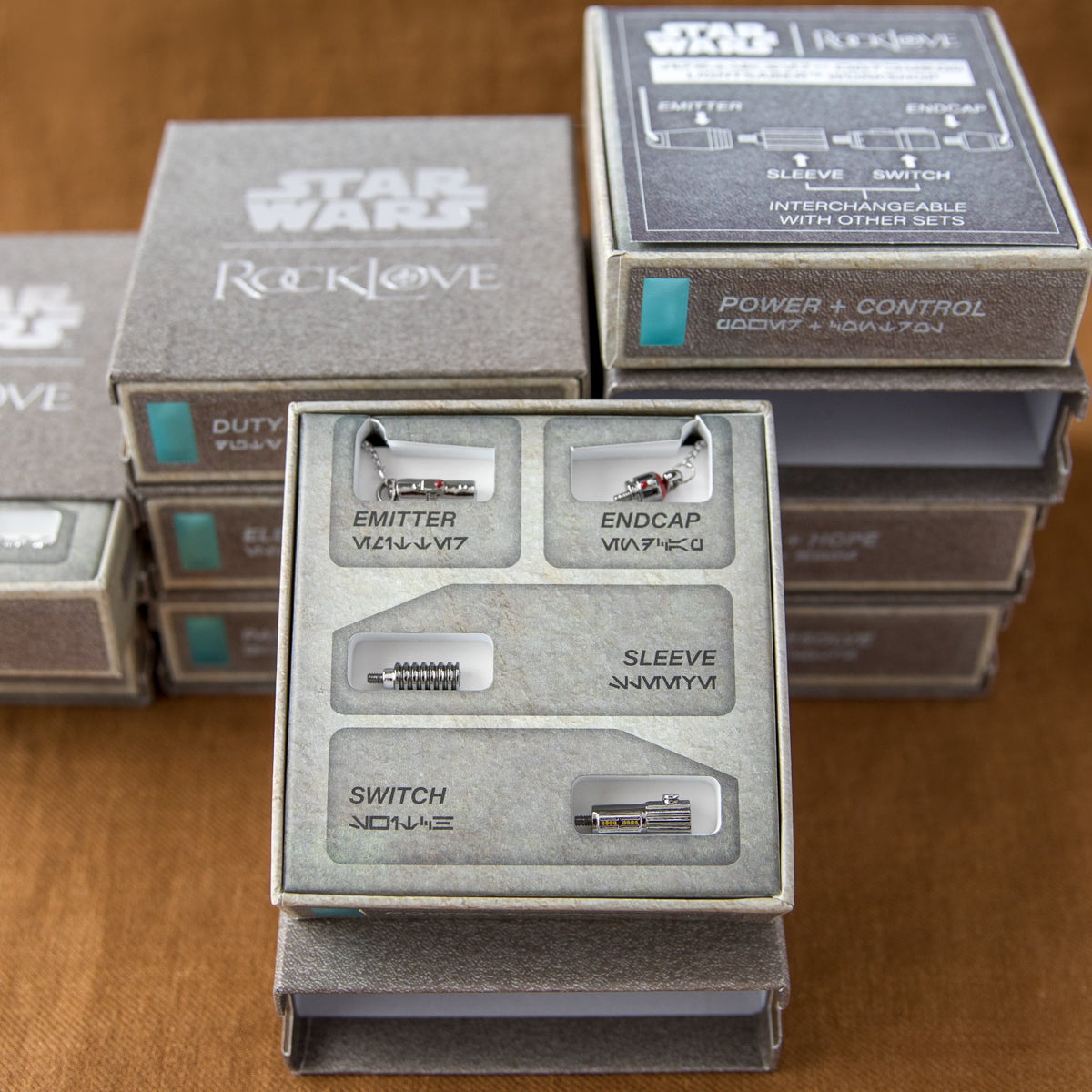 High-end Star Wars jewelry packaging with RockLove branding.