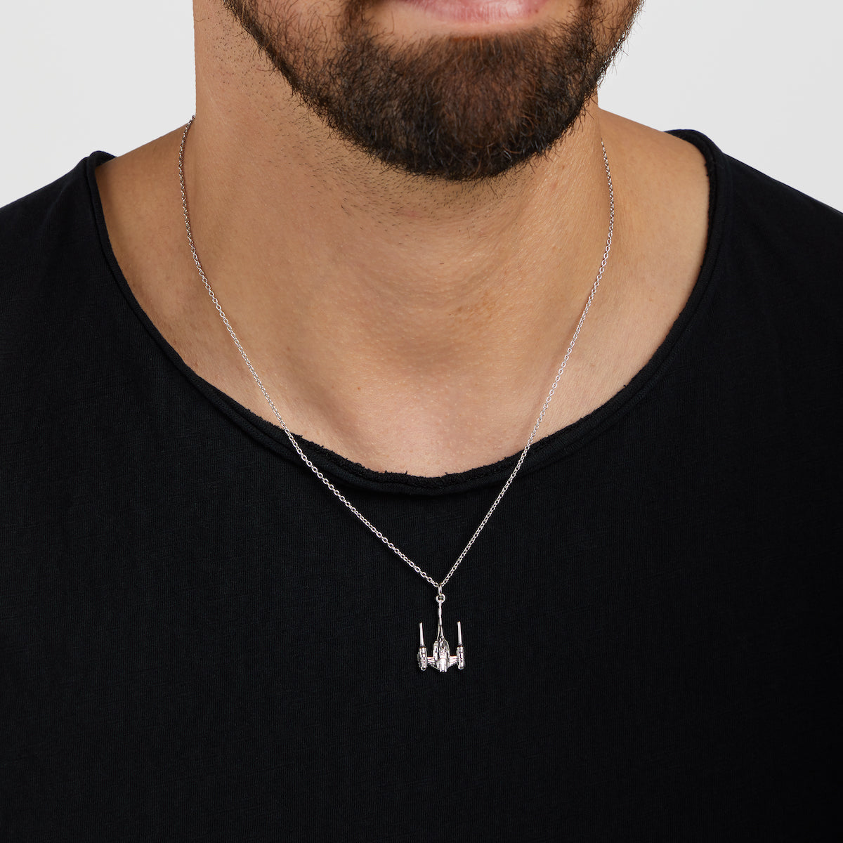 Star Wars x RockLove necklace displayed on a model for scale.