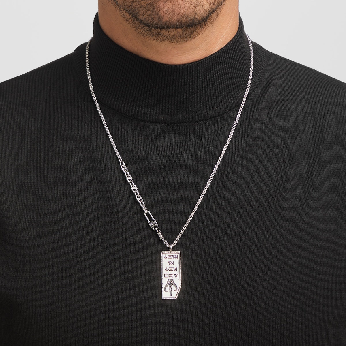 Mandalorian creed necklace in sterling silver on a textured cable chain